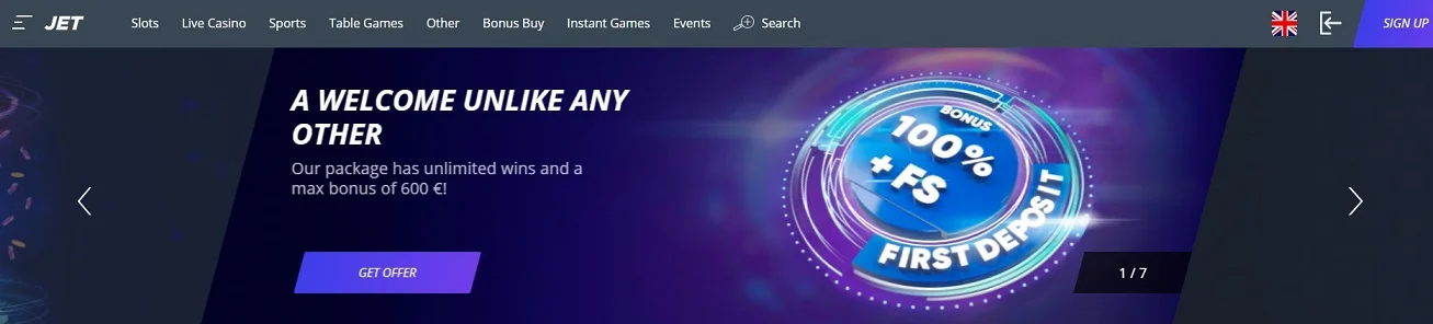Strona internetowa Jet Casino